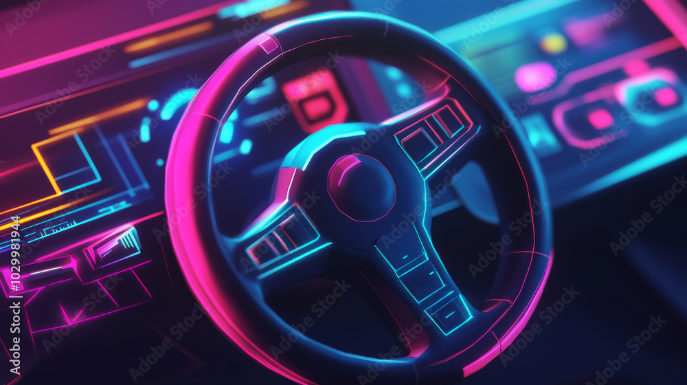 A developer is creating an app that uses a virtual steering wheel to control a computer. The design is modern and uses simple 3D shapes.low poly wireframe. A developer is creating an app that uses a virtual steering wheel to control a computer. The design is modern and uses simple 3D shapes.low poly wireframe.