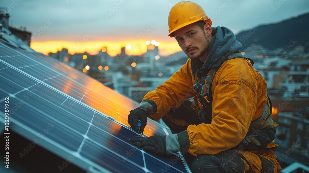 A construction worker wearing a hard hat and safety harness works on a solar panel on a rooftop with a city skyline in the background. A construction worker wearing a hard hat and safety harness works on a solar panel on a rooftop with a city skyline in the background.