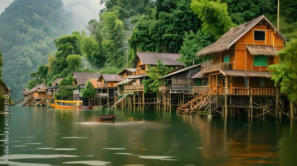 A row of wooden houses built on stilts line a tranquil river, shrouded in morning mist, Riverside villages with wooden houses built on stilts overlooking the water A row of wooden houses built on stilts line a tranquil river, shrouded in morning mist, Riverside villages with wooden houses built on stilts overlooking the water