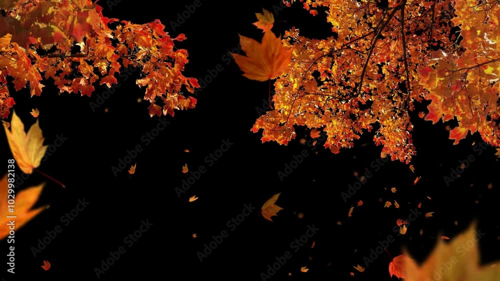 Autumn Maple Trees with Falling Leaves on Transparent Background
