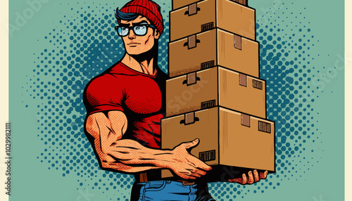 Der Zusteller. Paketbote mit vielen Paketen. Konzept: Zeitdruck & schwere Arbeitsbedingungen.