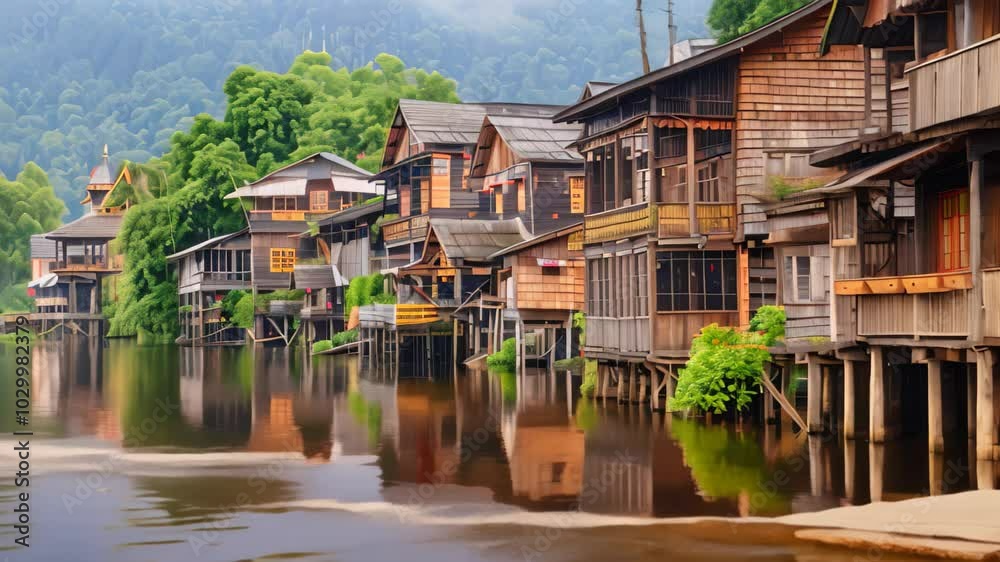 A picturesque view of traditional wooden houses built on stilts along a ...