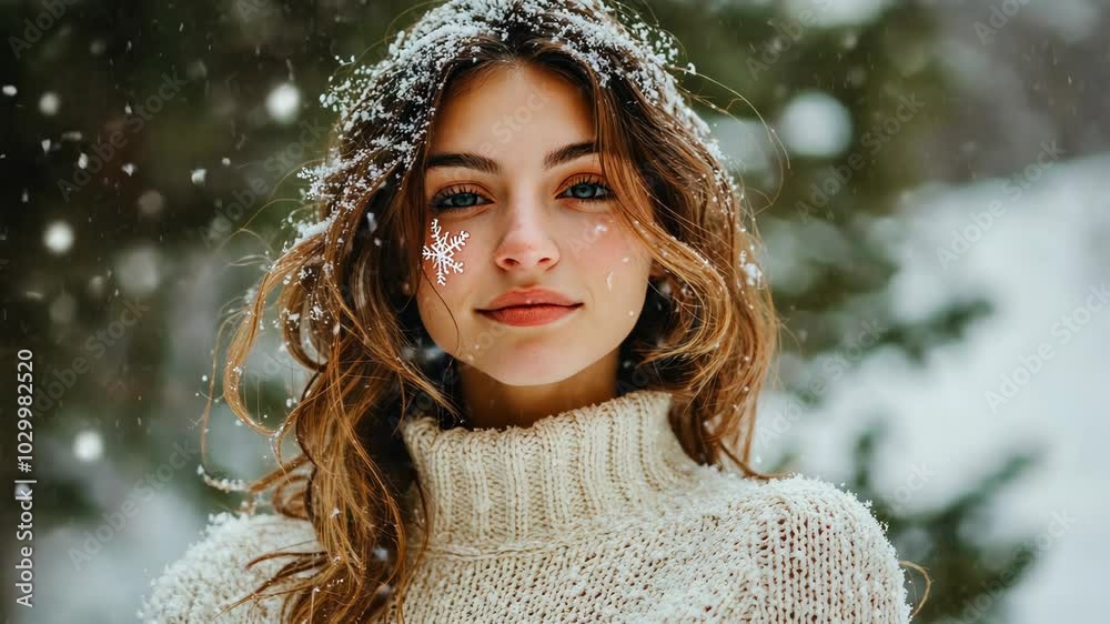 A woman smiles while snow falls around her in a winter wonderland A woman smiles while snow falls around her in a winter wonderland