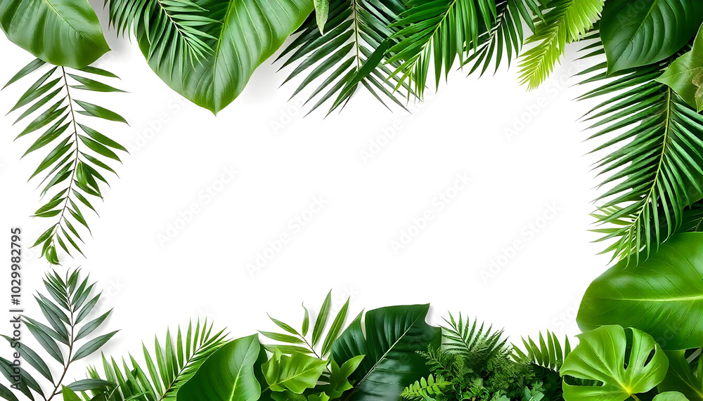 Tropical leaves frame including various green leaves such as monstera Tropical leaves frame including various green leaves such as monstera