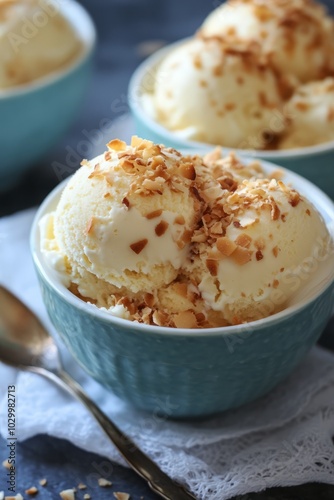 Close-up of vanilla ice cream scoops topped with chopped almonds in blue bowls.