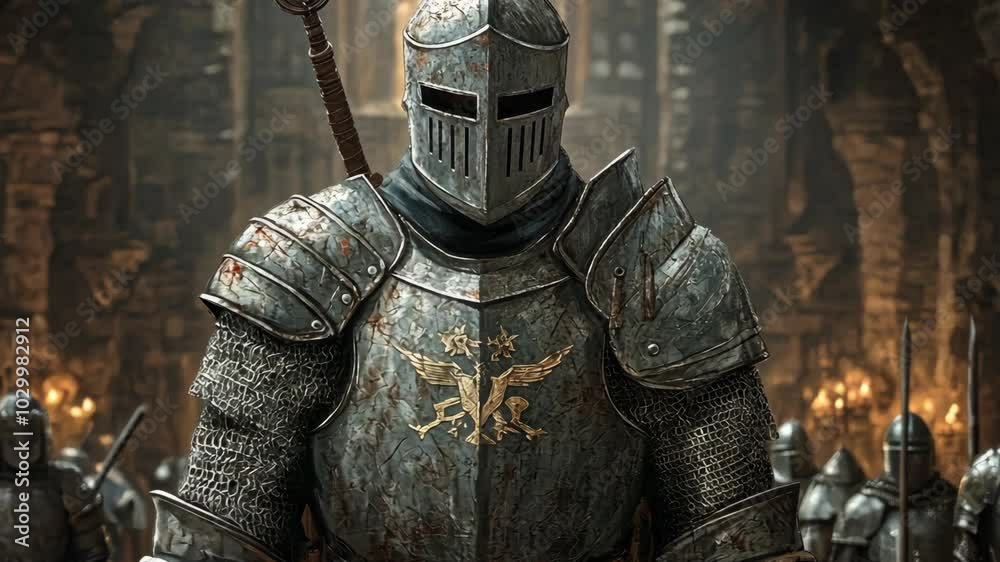 A knight in full armor stands guard, his face hidden by a helmet, in front of a company of other soldiers