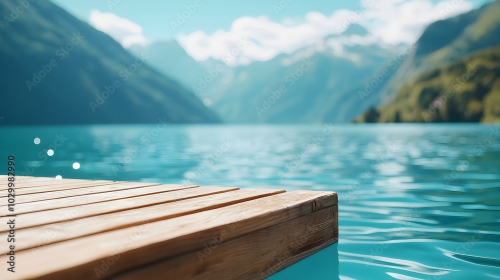 Serene Pontoon Pier Floating on Tranquil Lakeside With Clear Space for Text and Split Complementary Color Scheme Highlighting Outdoor Leisure and Peaceful Scenery Serene Pontoon Pier Floating on Tranquil Lakeside With Clear Space for Text and Split Complementary Color Scheme Highlighting Outdoor Leisure and Peaceful Scenery