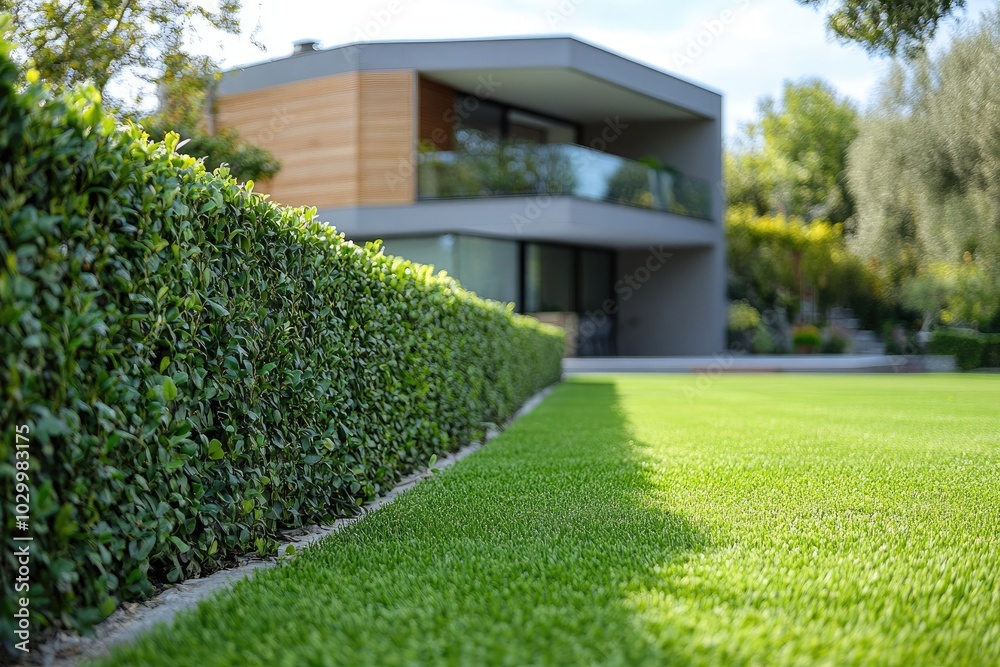 Well-maintained hedge bordering lush green lawn of modern home
