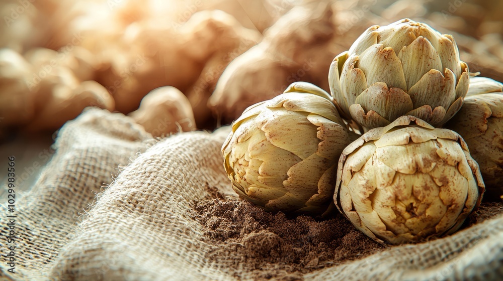 Fototapeta premium Fresh artichokes arranged on a rustic burlap fabric with soft natural light