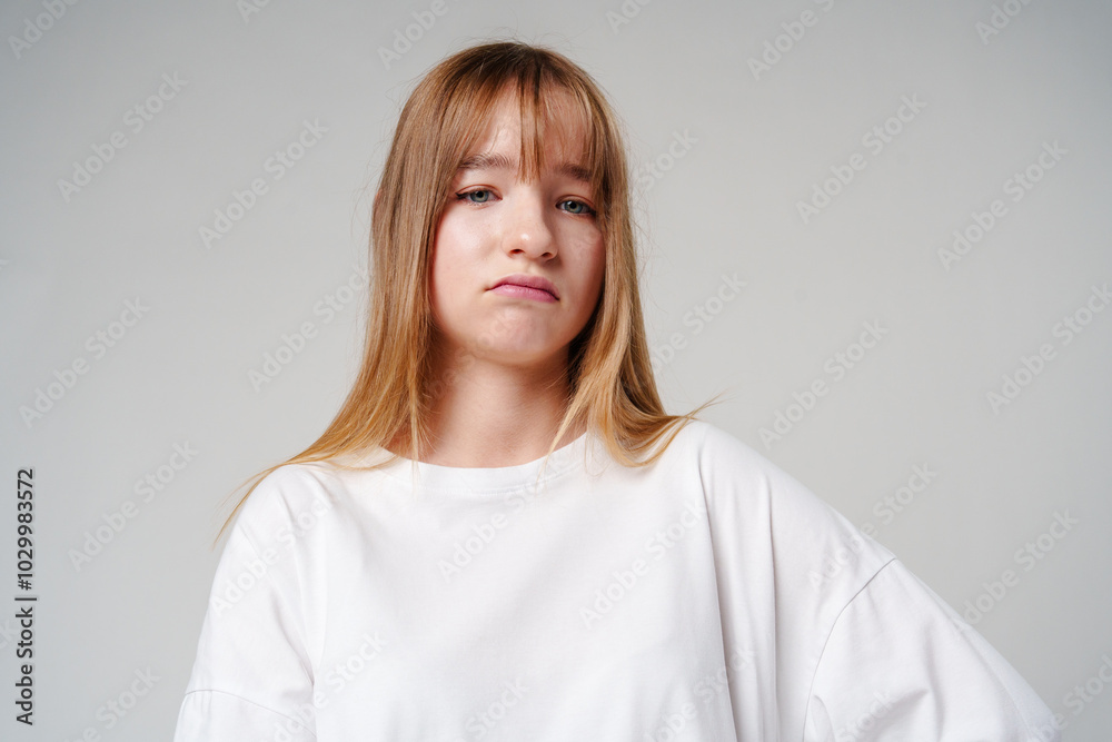 A young girl with long hair looks unimpressed against a plain background A young girl with long hair looks unimpressed against a plain background