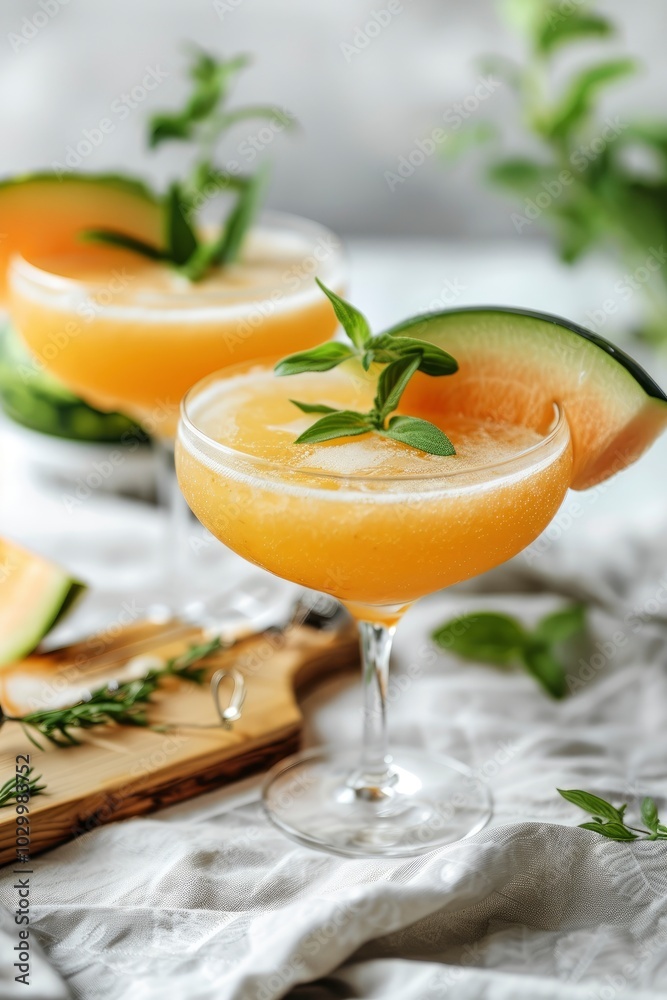 cocktail with melon, ice and herb in two glasses on grey linen background with sunlight and shadows. casual outdoor party, bright, tropical vibe cocktail with melon, ice and herb in two glasses on grey linen background with sunlight and shadows. casual outdoor party, bright, tropical vibe