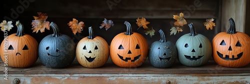 Classic pumpkins like hooligans and baby boos adorn a textured table. photo