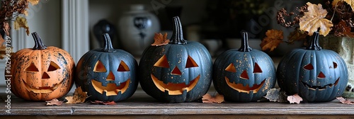 Classic pumpkins like hooligans and baby boos adorn a textured table. photo