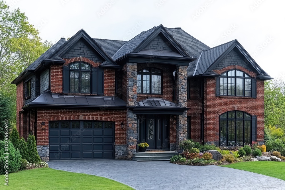 Large and luxurious brick home with a landscaped yard and attached garage Large and luxurious brick home with a landscaped yard and attached garage