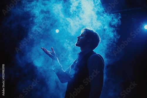 Magician performing a magic trick with smoke and blue lights
