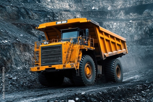 Large yellow mining dump truck moving along in open pit mine