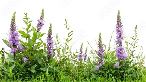 Horizontally aligned loosestrife flowers with ample copy space for design elements side view  Ideal for floral themes and minimalistic visuals with advanced tone and complementary color scheme photo
