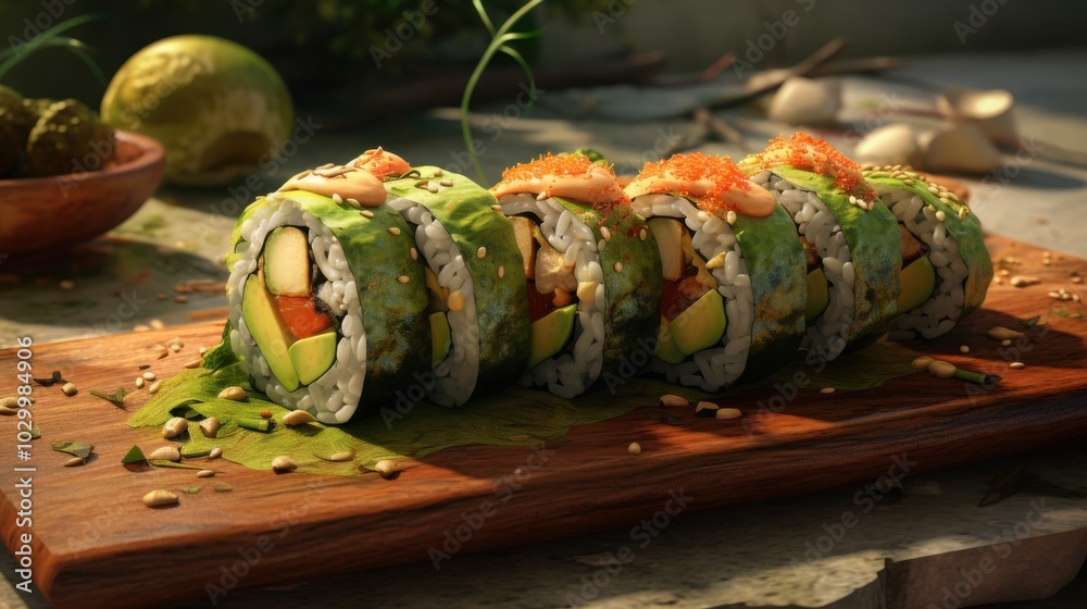 Delicious Sliced Tempura Sushi Roll with Seafood and Avocado for Food Lovers and Culinary Enthusiasts Delicious Sliced Tempura Sushi Roll with Seafood and Avocado for Food Lovers and Culinary Enthusiasts