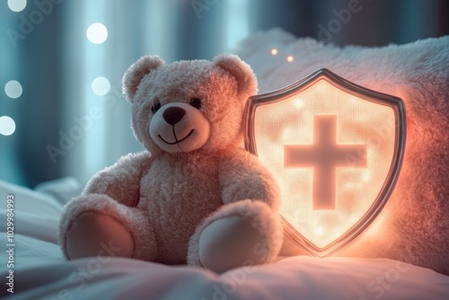 A teddy bear sitting next to a medical cross, representing health insurance for children photo