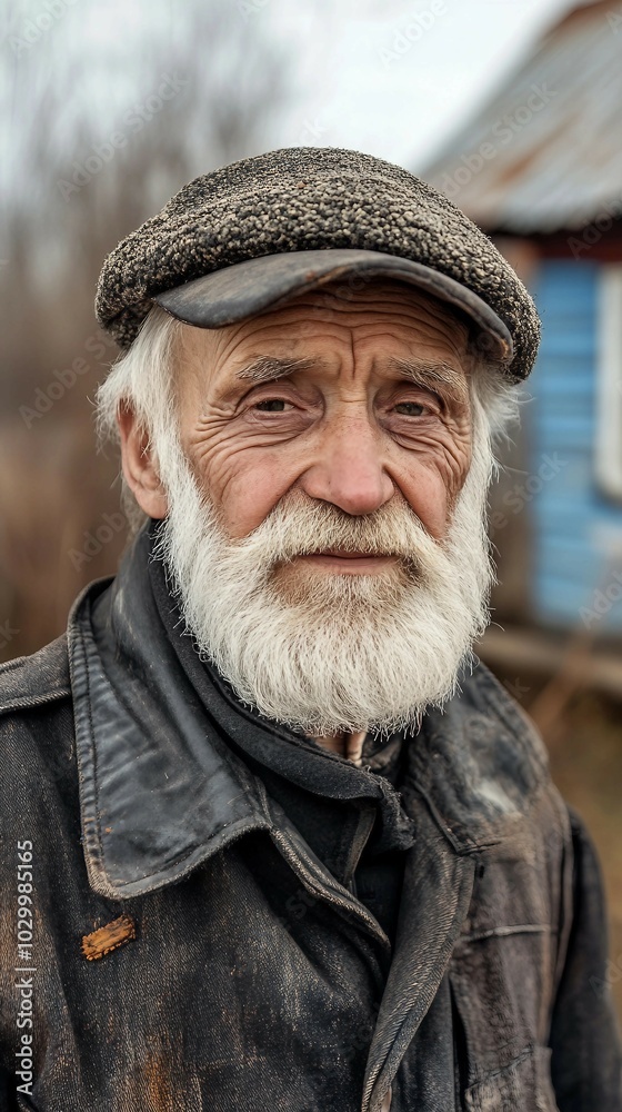 Elderly Man with White Beard and Cap in a Leather Jacket Elderly Man with White Beard and Cap in a Leather Jacket