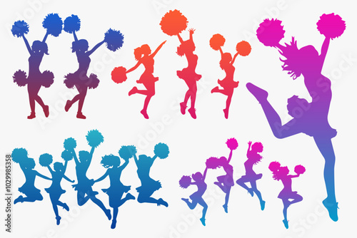 Silhouette Collection of Energetic Cheerleaders Jumping with Pompoms