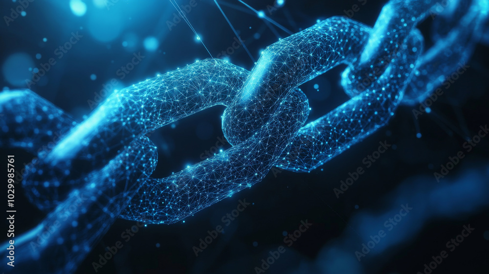 A futuristic, blue design shows a chain of triangles connected by lines, representing a secure blockchain network. This design symbolizes the strength of blockchain technology for business. A futuristic, blue design shows a chain of triangles connected by lines, representing a secure blockchain network. This design symbolizes the strength of blockchain technology for business.