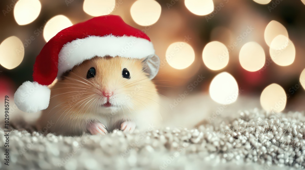 Obraz premium Cute little hamster wearing a Santa hat. New Year