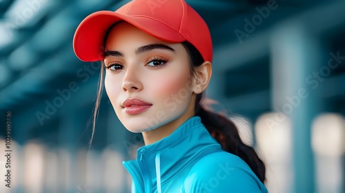 Fit and Focused Female Athlete Preparing for an Energetic Park Workout Capturing the Motivation and Dedication of a Healthy Lifestyle in a Futuristic Triadic Color Scheme