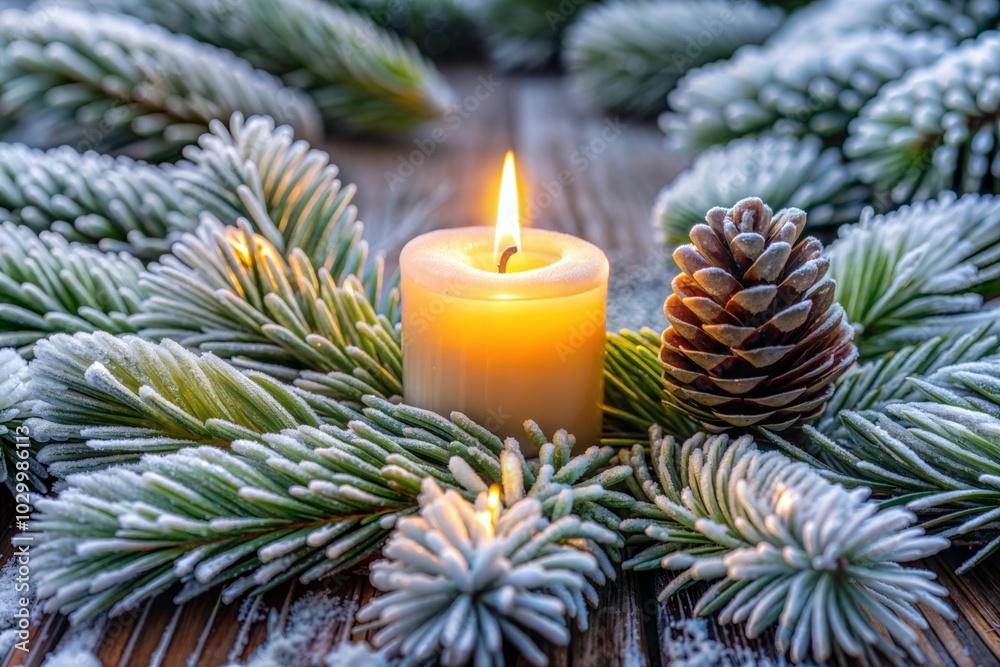 Candle with frosted pine and pinecone for cozy christmas eve atmosphere Candle with frosted pine and pinecone for cozy christmas eve atmosphere