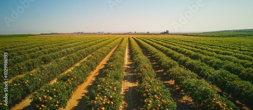 Aerial view of an orange grove with rows of trees stretching into the distance.