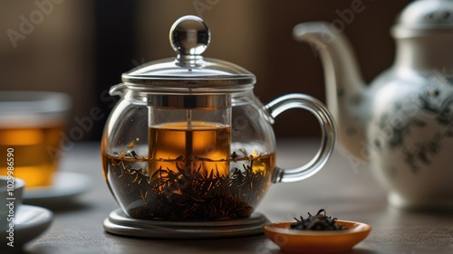 A glass teapot with loose leaf tea brewing, sitting on a wooden table with a cup of tea and a loose leaf dish.