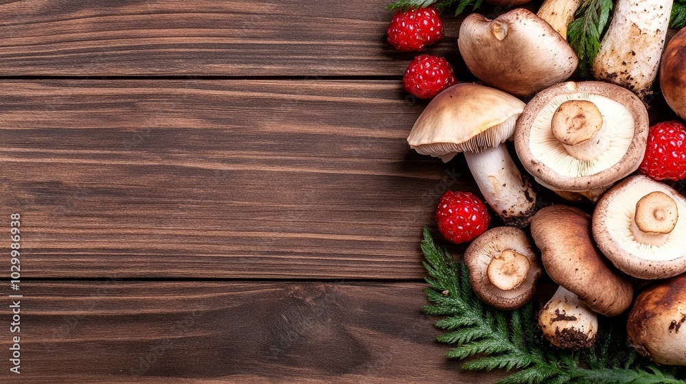 freshly picked wild mushrooms and ripe berries displayed on a rustic wooden table freshly picked wild mushrooms and ripe berries displayed on a rustic wooden table