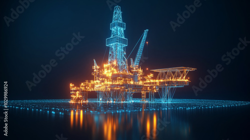 A glowing 3D image of an oil rig drilling for oil and gas on land. It represents the business of oil and gas, and how it affects the environment.low poly wireframe. photo