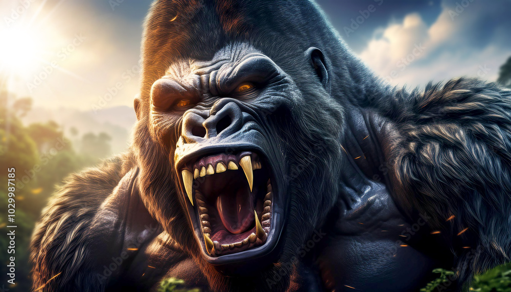 Naklejka premium Portrait of a large silverback gorilla or mountain gorilla while roaring looking at the camera. Angry powerful animal roaring in jungle wilderness showing teeth. Generative Ai.