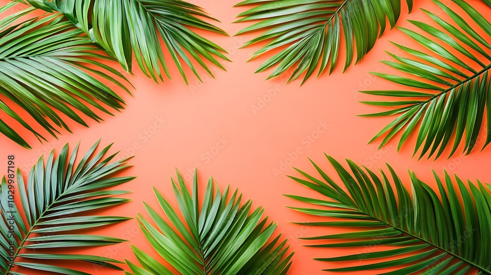 Green palm leaves arranged on a coral orange background with copy space for your text Soft Pastel Background for Graphic Design Templates