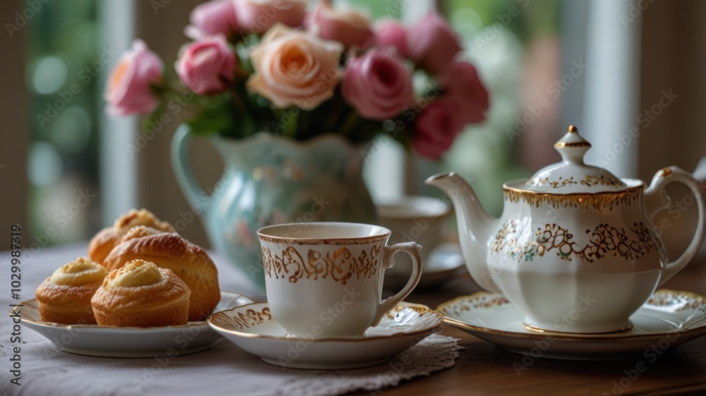 A close-up of a teapot, cup, and saucer with pastries on a table with a bouquet of pink roses in the background. A close-up of a teapot, cup, and saucer with pastries on a table with a bouquet of pink roses in the background.