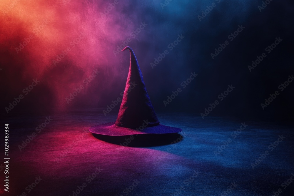Fototapeta premium Black Witch Hat on Dark Background with Red and Blue Smoke