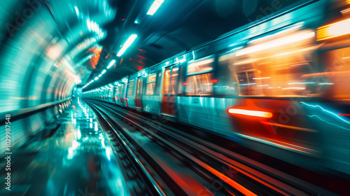 A vibrant subway train rushes through dynamic tunnel, illuminated by colorful lights reflecting off wet tracks, creating sense of speed and energy