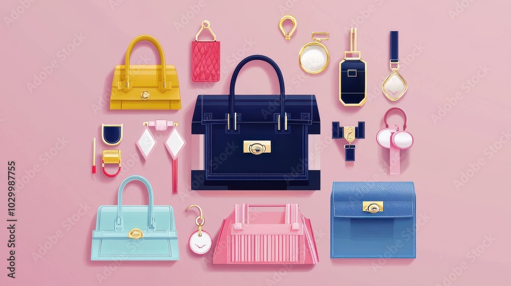 Affluence portrayed with designer bags and high-end accessories, flat design illustration Affluence portrayed with designer bags and high-end accessories, flat design illustration