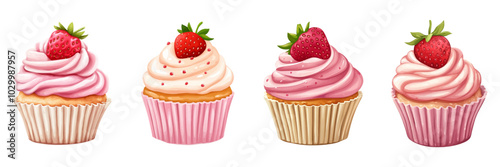 A set of sweet cupcakes png. Sweet cupcakes with a lush cream cap decorated with strawberries on an isolated background. Sweet pastry, dessert. Vector illustration.