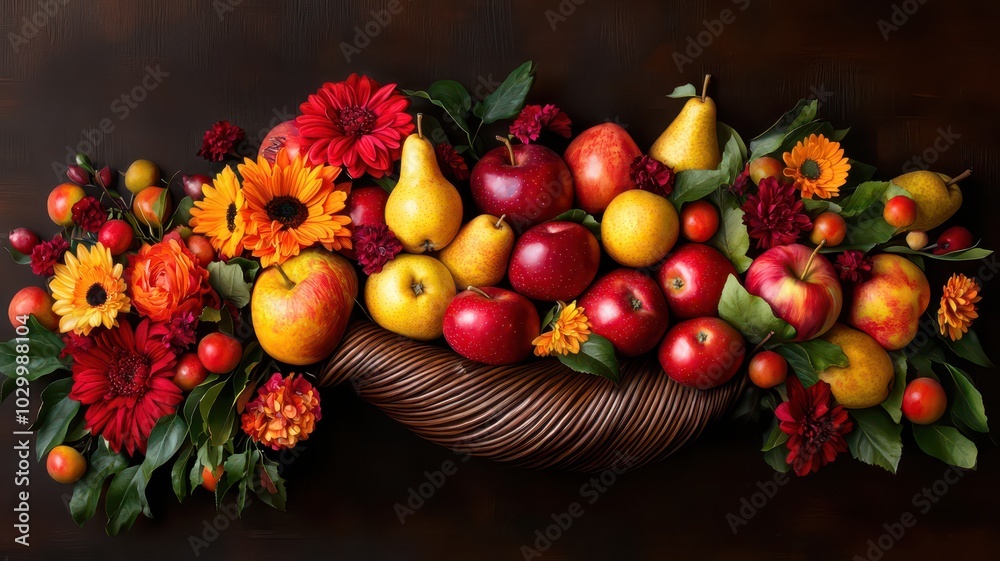 Festive autumnal cornucopia overflowing with vibrant deep red apples and seasonal harvest delights. Festive autumnal cornucopia overflowing with vibrant deep red apples and seasonal harvest delights.