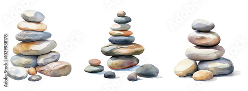 Watercolor set of stone pyramid balance. The tower of harmony pebbles. Zen, meditation, relaxation and peace. Stones for spa procedures png. Vector illustration.