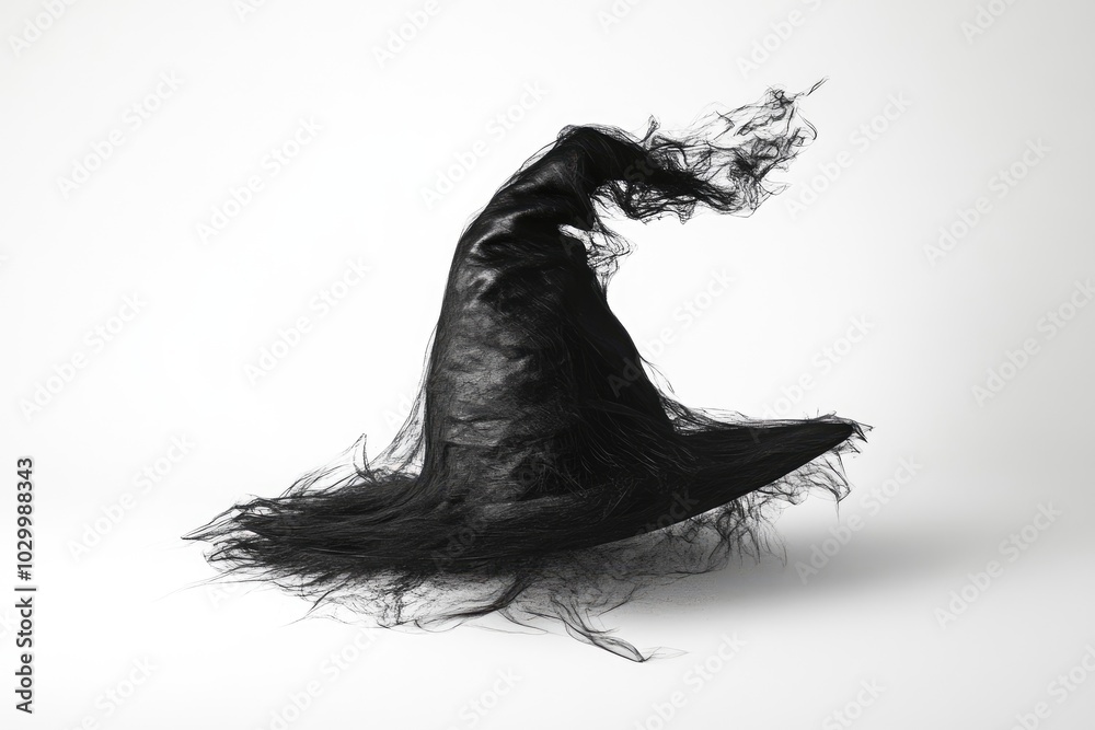 Fototapeta premium Black Witch Hat with Frayed Edges on a White Background