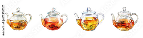 Watercolor set of glass transparent teapots png. Leaf tea with flowers in a teapot. Watercolor tea party. Fragrant leaf, herbal tea in a glass teapot. Vector illustration.