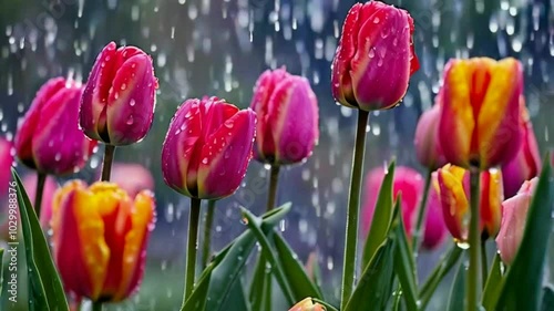 Tulips in a Rainy Spring – Light raindrops falling on vibrant petals.