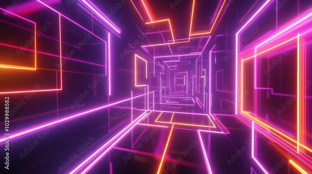 A 3D rendering of a neon light tunnel with pink and orange glowing lines on a black background. A 3D rendering of a neon light tunnel with pink and orange glowing lines on a black background.