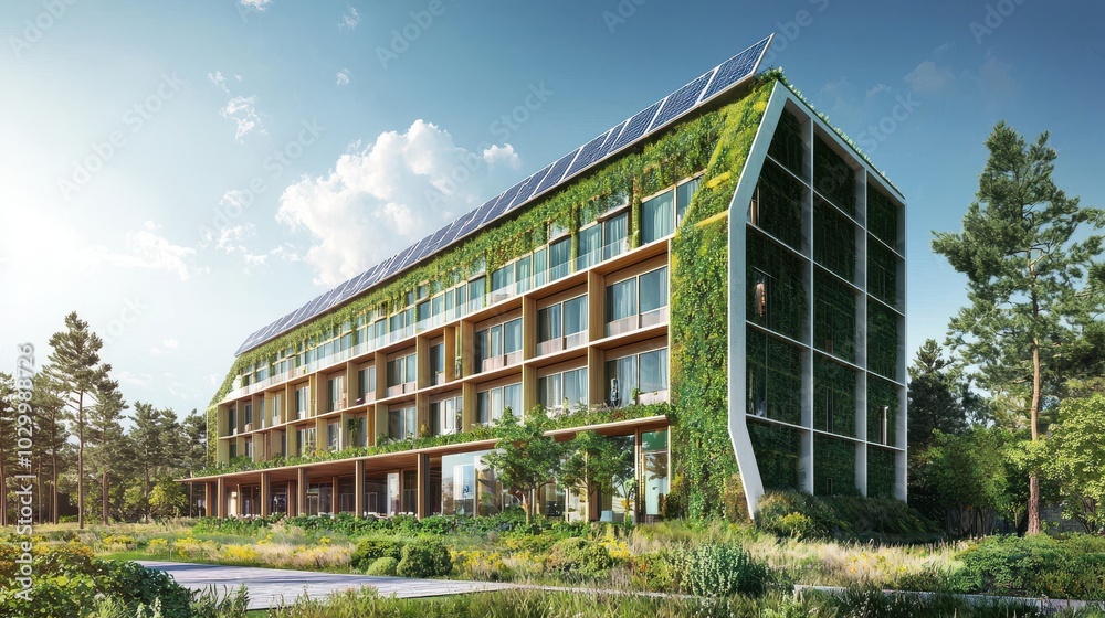 An eco-friendly hotel opens that only uses renewable energy sources. Illustrator. An eco-friendly hotel opens that only uses renewable energy sources. Illustrator.