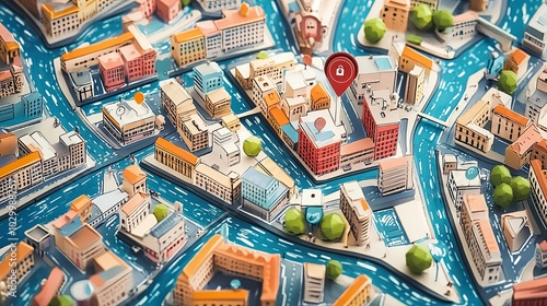 Abstract navigation plan with directional signs and markers on a city map. The map highlights various points of interest, including city streets and blocks. 
