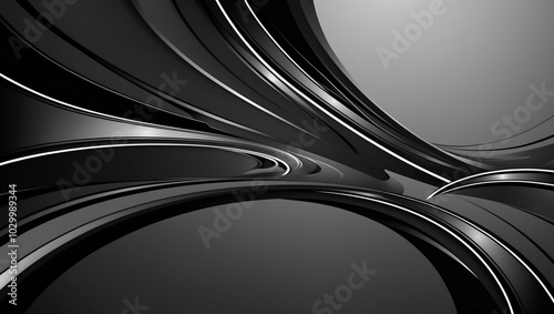 Abstract design featuring flowing black and silver shapes intertwined in a dynamic composition against a dark background. Artistic black wave design flowing seamlessly across a dark background.