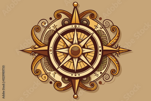 Vintage Compass Vector Illustration with Ornate Details on White Background